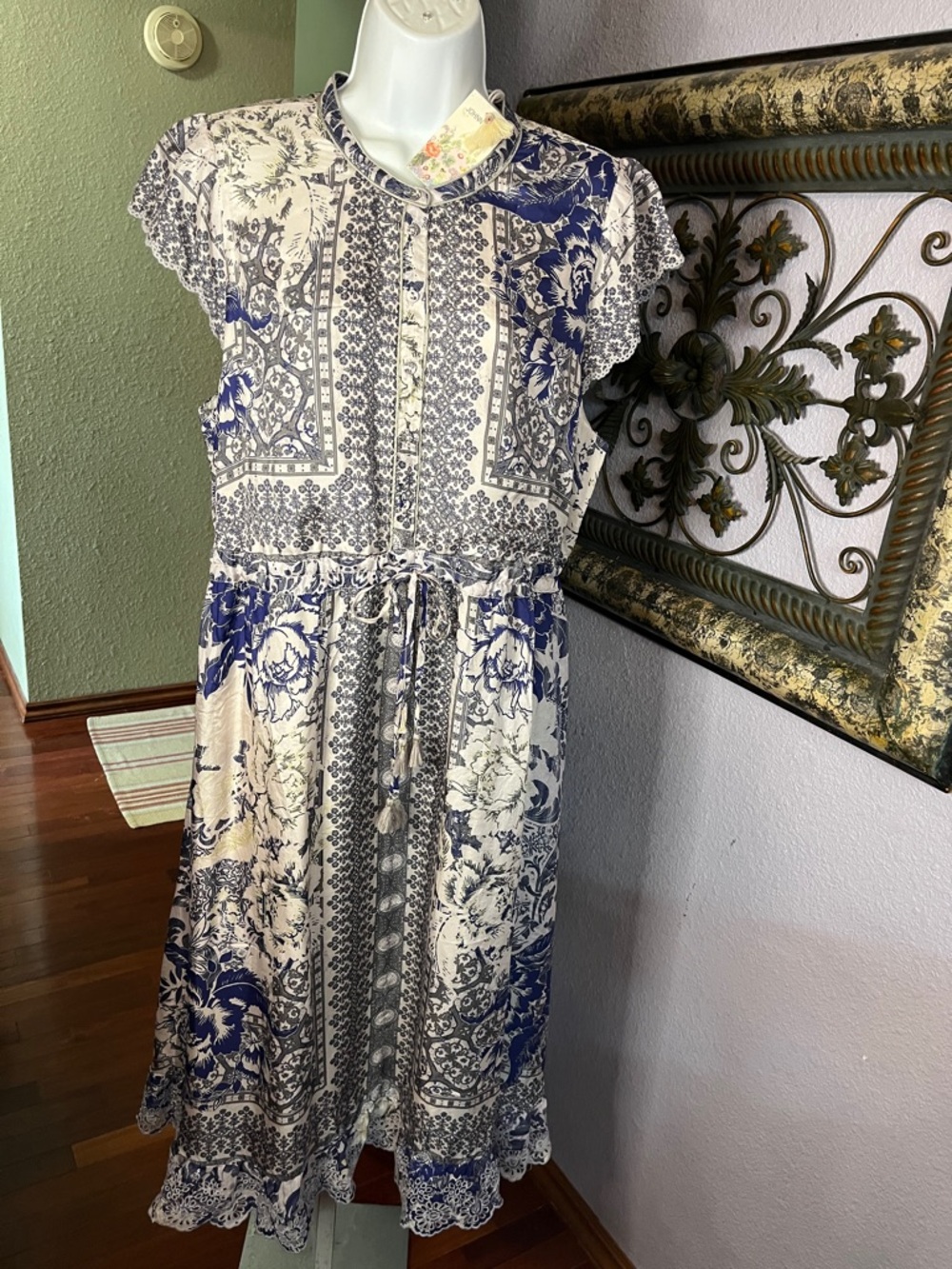 NWT Johnny Was Filo Lucy.Silk Dress  LilacFloral Print Lace-Trim MidiSz L